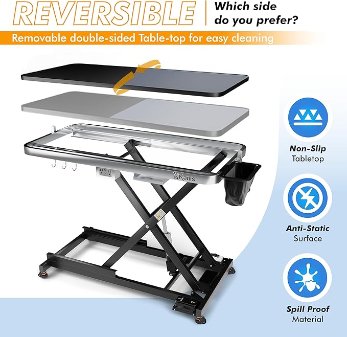 KANIS Professional Electric Dog Grooming Table - Heavy Duty, Height Adjustable Pet Grooming Table w/Leveling Wheels, Grooming Arm, Anti Slip Tabletop & Tool Organizer/Dog Grooming Station (49", BLACK)