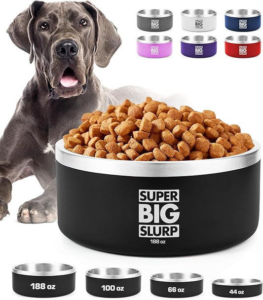 Tuff Pupper Heavy Duty Insulated Dog Bowl | Double Wall Stainless Steel Dog Food Dish | Non-Slip Spill Proof Dishwasher Safe Cat Bowl | Water Dish for Feeding Large Medium Small Pets (188oz, Black)