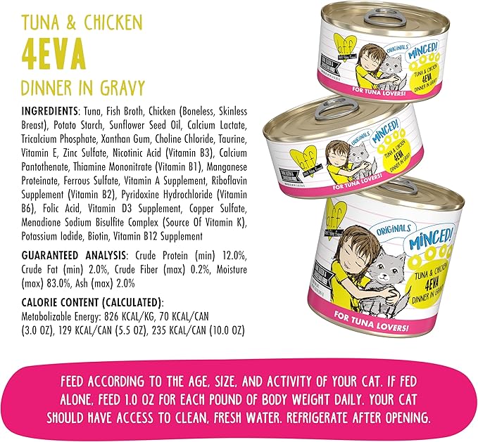 Weruva BFF Minced Natural Wet Cat Food, Tuna and Chicken 4 Eva in Gravy, 3oz Can, Pack of 24