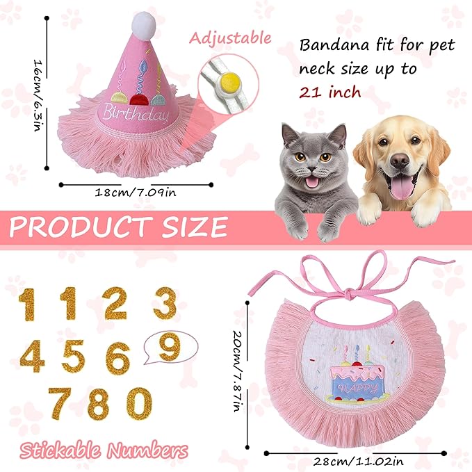 Dog Birthday Party Supplies, Dog Birthday Bandana Set,Bling Boy Girl Party Hat with Numbers for Puppy Large Medium Small Pet (Pink Set, Large)