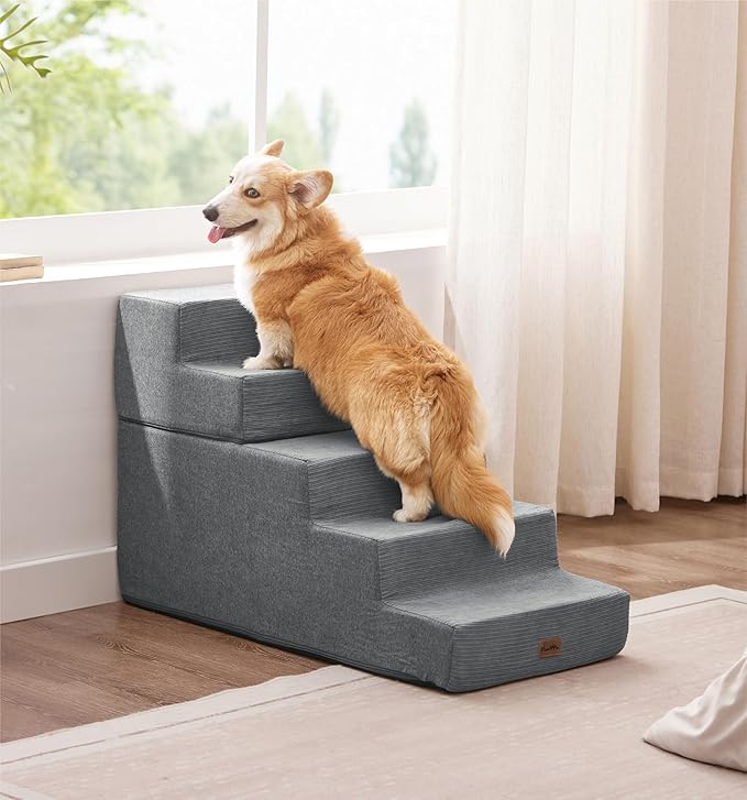 Made4Pets Dog Stairs for High Bed, Extra Wide Pet Stairs for Bed Couch Sofa, 35D Foam Pet Steps for Small Dogs and Cats(Up to 40lbs), Non-Slip Bottom Dog Steps, Grey, 5 Steps