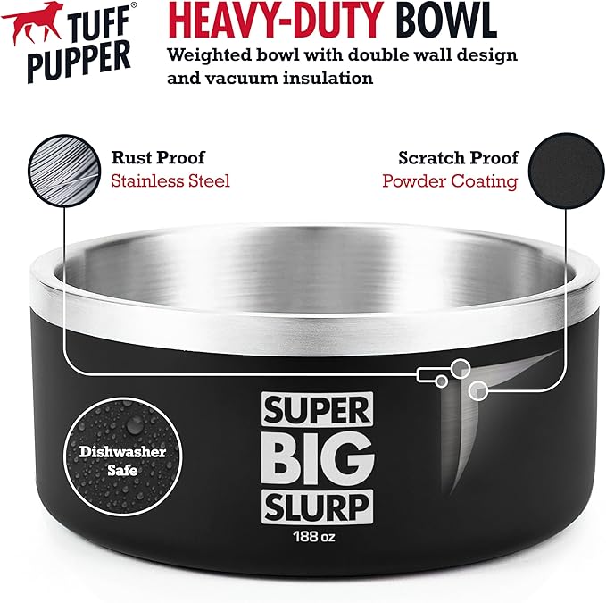 Tuff Pupper Heavy Duty Insulated Dog Bowl | Double Wall Stainless Steel Dog Food Dish | Non-Slip Spill Proof Dishwasher Safe Cat Bowl | Water Dish for Feeding Large Medium Small Pets (188oz, Black)