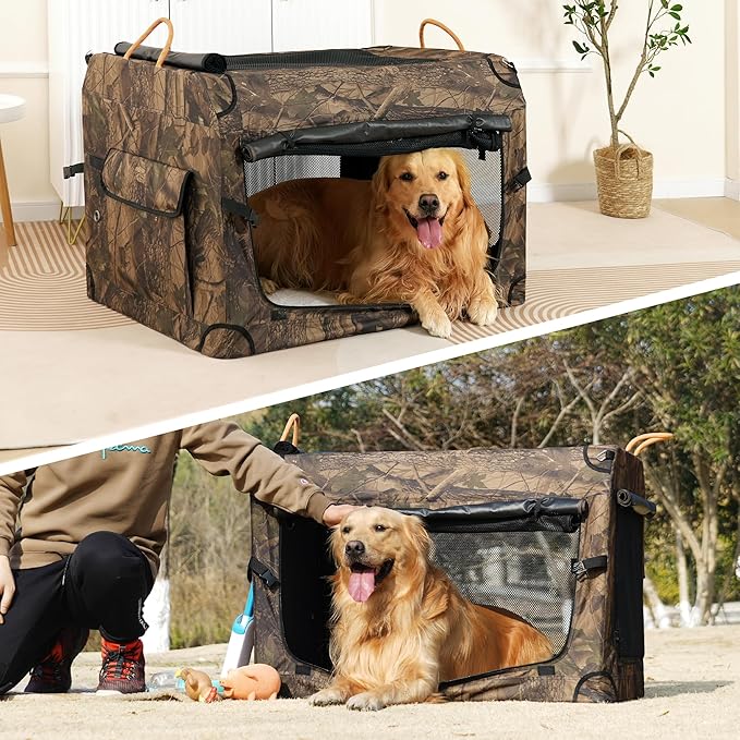 KOOPRO 36.5 Inch Collapsible Dog Crate, Portable Soft-Sided Dog Travel Carrier Camouflage Style Pet Kennel 4-Door with Durable Mesh Windows, Washable Mat, Indoor & Outdoor for Small Medium Large Dogs