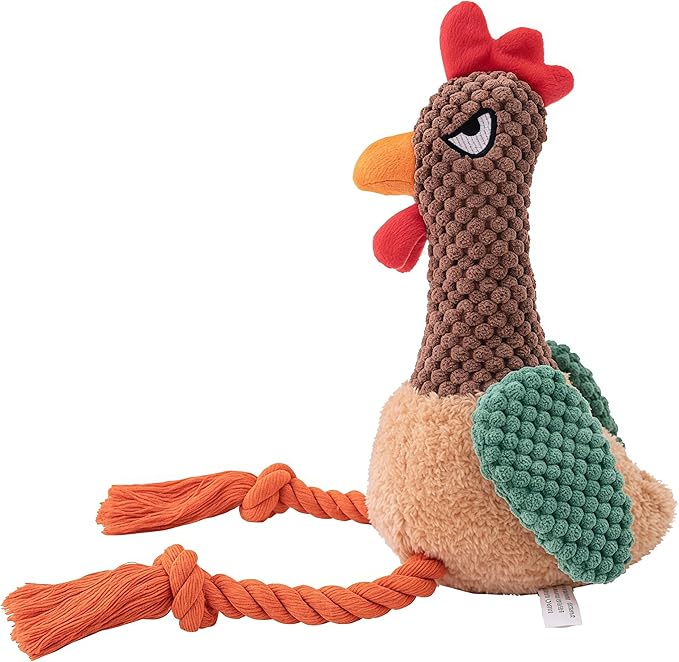 Plush Rooster Dog Toy with Squeaker, Interactive Rope Legs for Small and Medium Dogs, Multicolor Tug and Fetch Chew Toy