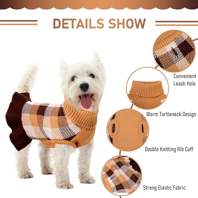 Dog Sweater Dress Plaid Knitwear for Small Medium Dogs Warm Puppy Pet Turtleneck Stretch Pullover Cute Fall Winter Vest Clothes with Leash Hole for Christmas (Coffee, S)