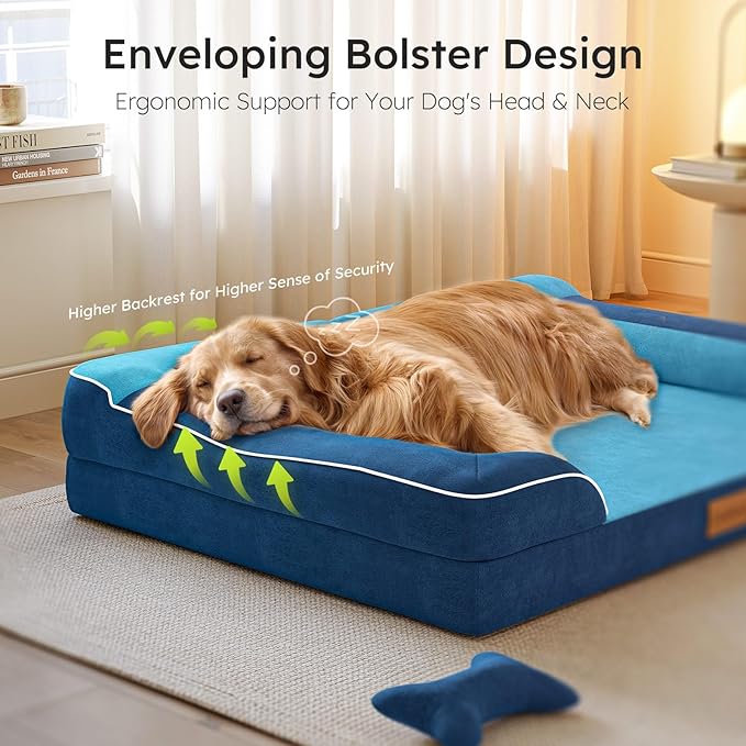 Dog Beds for Large Dogs, Orthopedic Dog Bed with Cooling Gel Memory Foam, Waterproof Large Pet Bed with Removable Washable Cover, 36" Pet Sofa Couch Dutch Velvet with Bone Toy, Navy Blue