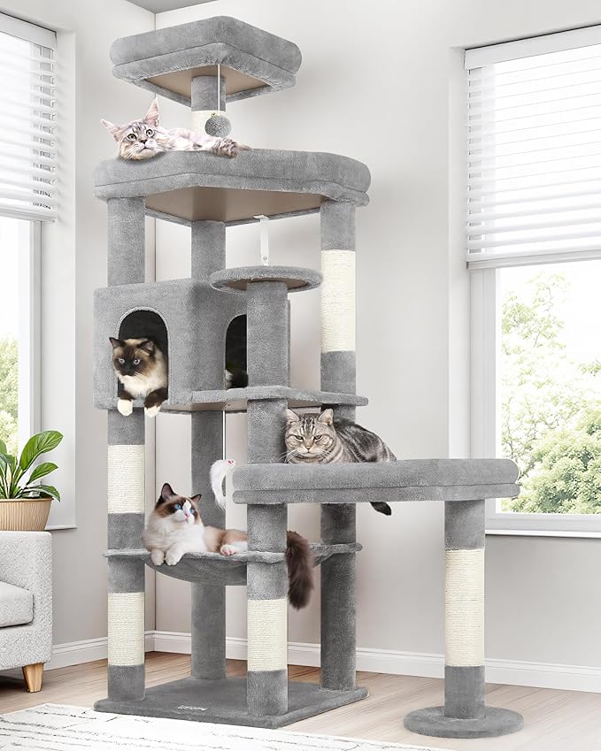 Globlazer Extra Large Platform Cat Tree, 65in Sturdy Cat Tree for Indoor Cats Large Adult, Big Cat Tower for Big Cats with 3 Enlarged Perches, 6 Scratching Posts, Cat Condo, Hammock, S65, Light Grey