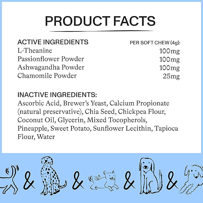 Spot & Tango Calming Supplements for Dogs - Vet-Approved for Anxiety and Stress Relief - L-Theanine, Passionflower, Ashwagandha, Chamomile - Flavored with Real Pineapple, 56 Count