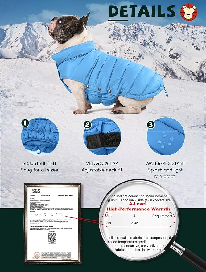 SPACE LION Puffer Jacket, Down Winter Coat, Durable Outdoor Coat for Cold and Windy Conditions, Waterproof, Windproof, Lightweight Jacket, Adjustable Fit for Small, Medium Dogs(Blue,M)
