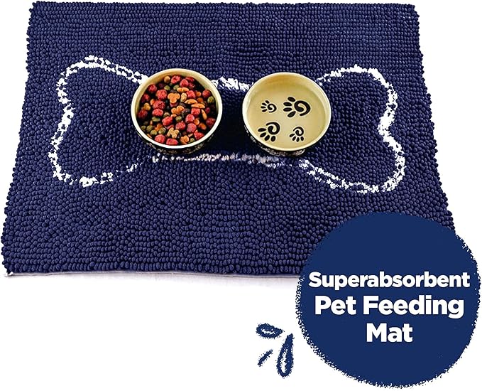 Soggy Doggy Slopmat - Water Absorbing Door Mat for Food and Water - Microfiber Chenille Rug for Muddy Paws and Messy Eaters - Machine Washable (Navy Blue/Oatmeal Bone, 18” x 24″)