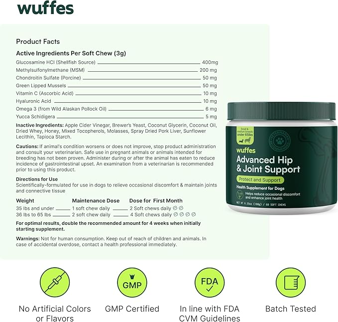 Wuffes Advanced Dog Hip and Joint Supplement with Glucosamine, Chondroitin, Omega 3, MSM, and Green Lipped Mussel, 120 Pork Flavored Chews for Small Dog Breeds
