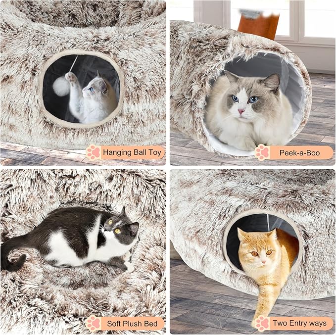 Plush Cat Tunnel Bed for Indoor Cats, Collapsible Cat Donut Tunnel with Central Mat, Fluffy Cats Cave Tube with Hanging Ball for Kitten Rabbit Puppy Ferret, Coffee