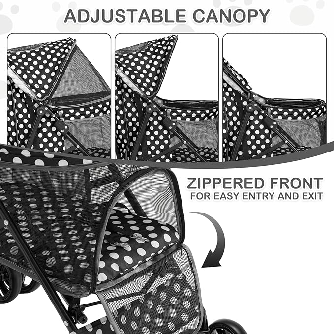 MoNiBloom 4 Wheels Pet Stroller, Easy-Fold Umbrella Shaped Dog Cat Jogger Stroller w/Storage Bag & Visible Mesh for Small/Medium Dogs Cats Black Polka Dots