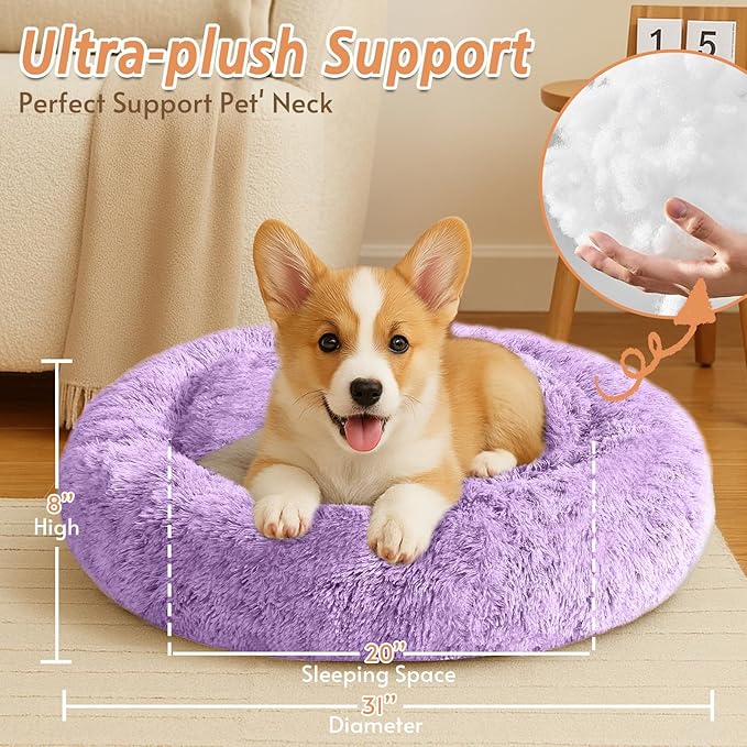JOLLYVOGUE Medium Calming Dog Bed, Anti-Anxiety Donut Cuddler Cat Bed with Anti-Slip Bottom, Fluffy Faux Fur Machine Washable Pet Cushion for Medium Large Dog & Cat (31")