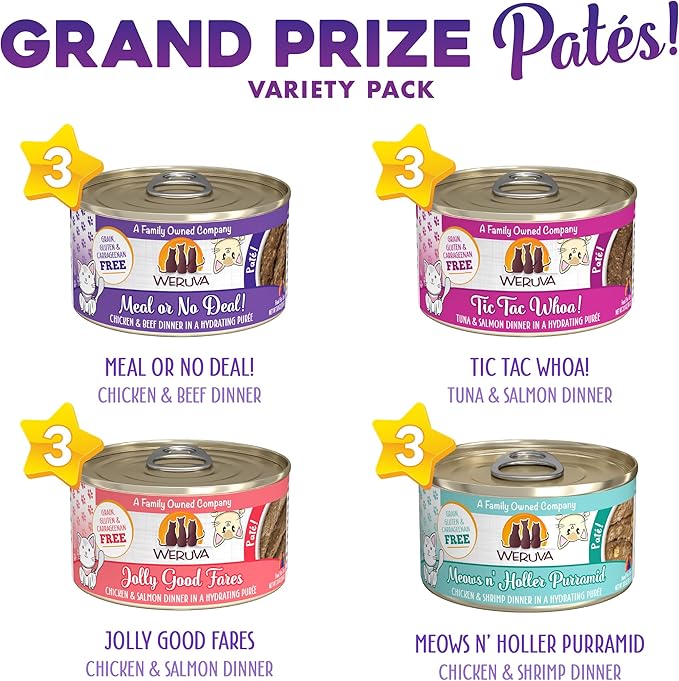 Weruva Wet Cat Food, Grand Prize Patés Variety Pack, 3oz Can, Pack of 12