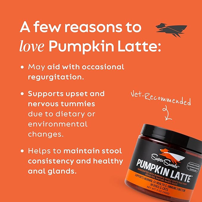 Super Snouts Pumpkin Latte Digestive Supplement for Dogs & Cats, Pumpkin Powder with Goat’s Milk, Made in USA Antibiotic Free, Healthy Gut & Stool, 10 oz