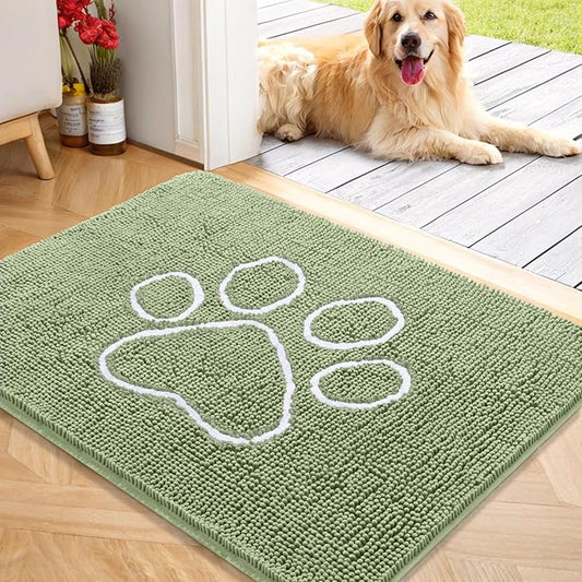 OLANLY Dog Door Mat for Muddy Paws 40x32, Paw Print Design, Absorbs Moisture and Dirt, Non-Slip Washable Doormat, Quick Dry Chenille Mud Mat for Dogs, Entry Indoor Entryway Carpet, Sage Green