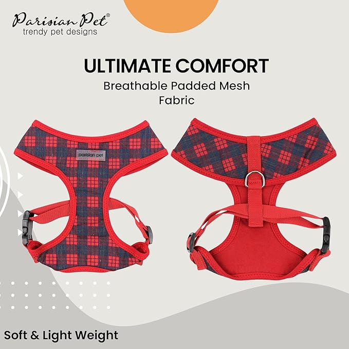 Parisian Pet Adjustable Plaid Red Dog Harness - 100% Mesh Fabric No Pull Vest for Small-Sized Dogs - Cooling for Walking, Running, and Hiking - Puppy Harness - S