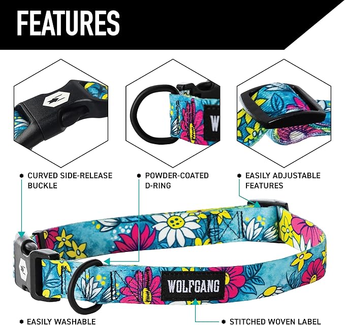 Wolfgang Heavy Duty Martingale Dog Collar with Quick Release Nylon Buckle for Walking & Training, LazyDaisy Print, Small