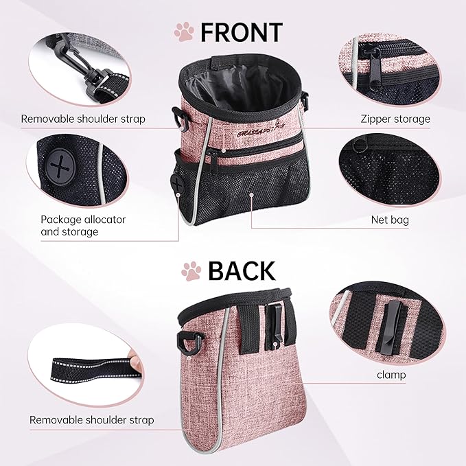 Dog Treat Pouches Training Walking Bag with Shoulder Strap, Large Space for Pets Food, Polyester Fabric, 3-Way Wearing Design, Portable Pet Bagand Easy to Clean (Pink)