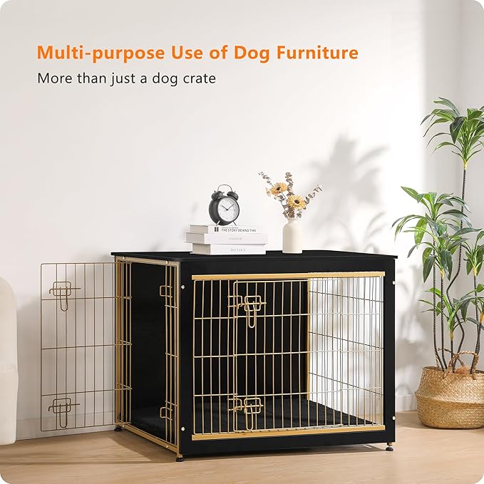 DWANTON Dog Crate Furniture with Cushion, Wooden Kennel Table with Double Doors, Indoor Dog House, Large Size, 38.5" L, Black+Gold