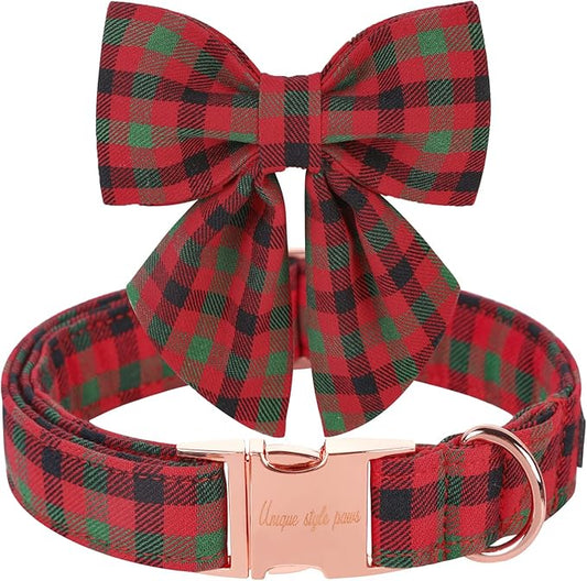 Unique style paws Christmas Dog Collar with Bow Tie Black Red Green Plaid Puppy Collar for Small Medium Large Dogs as Autumn Winter Pet Gifts-M