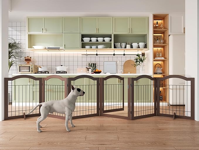 Vantas Folding No-Assembly Dog Door Pet Gate 144" Wide, 30" Tall Wooden Dog Gate with Door Walk Through, Freestanding Wire Pet Gate, Pet Puppy Safety Fence, with 2PCS Support – Espresso