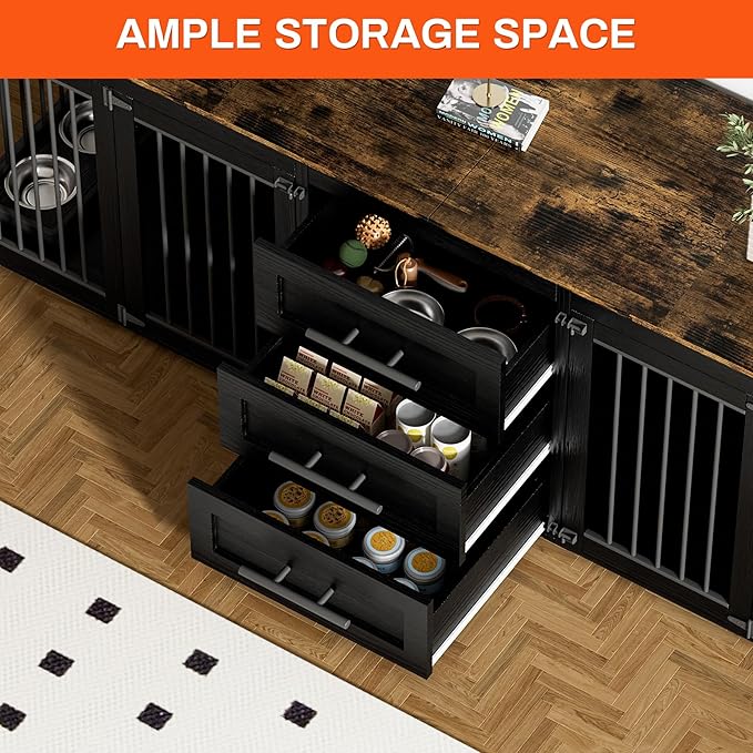 Rophefx 94.5" Dog Crate Furniture for 2 Dogs, Large Dog Kennel Furniture with 3 Storage Drawer, Wooden Dog Cage with 4 Bowls, Indoor Dog House TV Stand with Locks for Large Medium Dog, Black