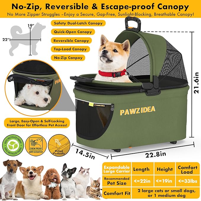PAWZIDEA Pet Stroller 4 in 1, Dog Strollers with Detachable Carrier No-Zip Canopy, Portable Pet Crate for Car Seat Travel, Foldable & Lightweight Jogger for Small/Medium Dogs and Cats, Storage Basket