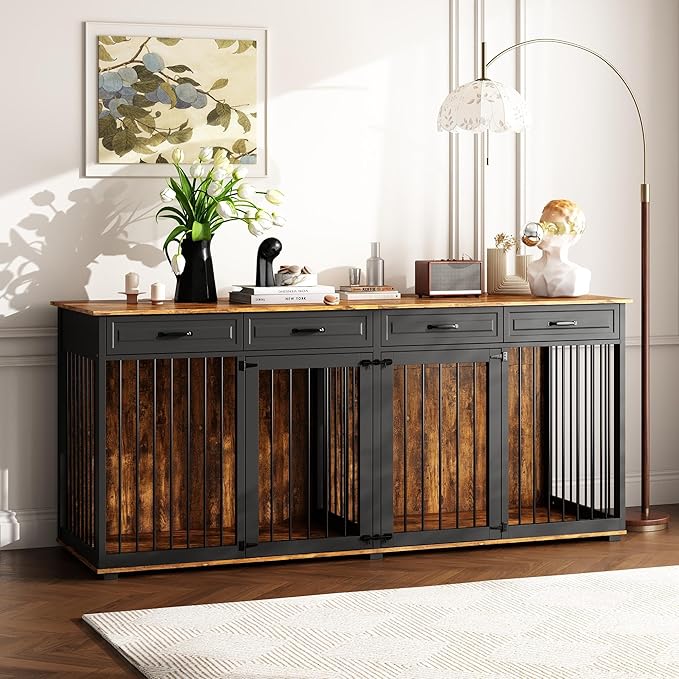 Extra Large Dog Crate,86.6" Heavy Duty Wooden Dog Cage Furniture Dog Crate Kennel with Drawers & Removable Divider,Indoor Luxury Dog House w/Double Rooms for XL L Dogs,Rustic Brown