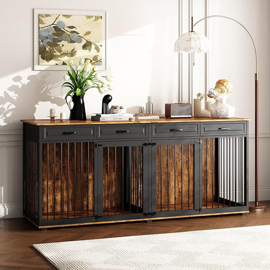 Extra Large Dog Crate,86.6" Heavy Duty Wooden Dog Cage Furniture Dog Crate Kennel with Drawers & Removable Divider,Indoor Luxury Dog House w/Double Rooms for XL L Dogs,Rustic Brown