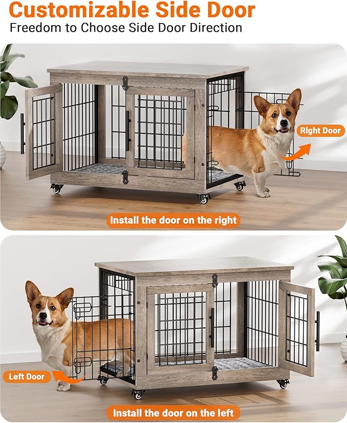 Dog Crate Furniture with Cushion, Wooden Dog Kennel with Double Doors, Heavy Duty Dog Cage End Table with Wheels, Dog House Indoor for Small Medium Dogs up to 45 lb, 32.5” L, Grey