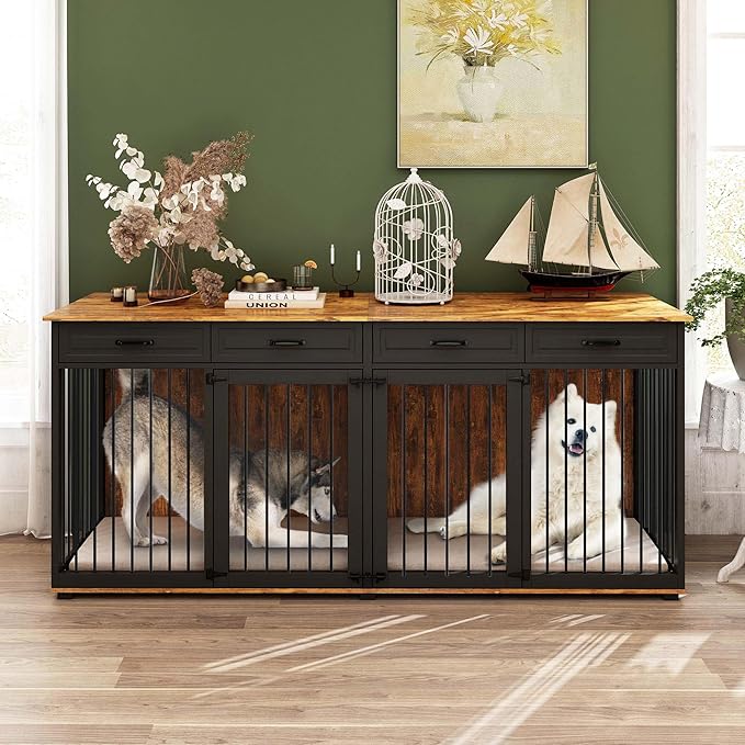 Extra Large Dog Crate,86.6" Heavy Duty Wooden Dog Cage Furniture Dog Crate Kennel with Drawers & Removable Divider,Indoor Luxury Dog House w/Double Rooms for XL L Dogs,Rustic Brown