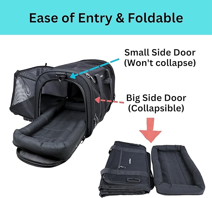 Crash-Tested Cat Carrier Soft (Test with FMVSS 213b - 5 Star Safety Rated by CPS) | TSA Airline Approved, Expandable, Zipper Locks, Fan Pocket | Best Dog Car Carrier for Safe Travel (Pet Up to 9lbs)