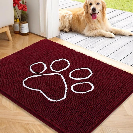 OLANLY Dog Door Mat for Muddy Paws 40x32, Paw Print Design, Absorbs Moisture and Dirt, Absorbent Non-Slip Washable Doormat, Quick Dry Chenille Mud Mat for Dogs, Entry Indoor Entryway Carpet, Burgundy