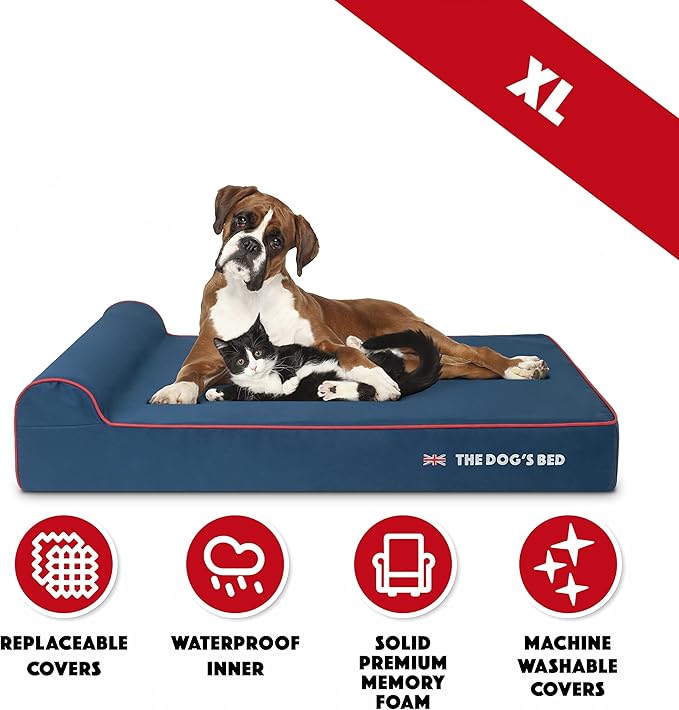 The Dog’s Bed Orthopedic Headrest Dog Bed XL Blue Oxford with Red Trim UK Flag Dog Bed, Memory Foam, Hip & Elbow Dysplasia, Post Surgery, Waterproof Washable Cover