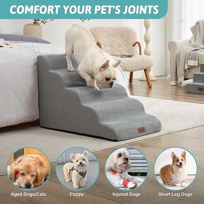 Wide Dog Stairs 19.7" Width, Pet Step for Small/Medium/Large Dog, Puppy or Cat, Pet Ramp for High Bed or Car, High Density Foam Ladder, 19.7x33x22.4 in, Stable, 5 Step, Grey