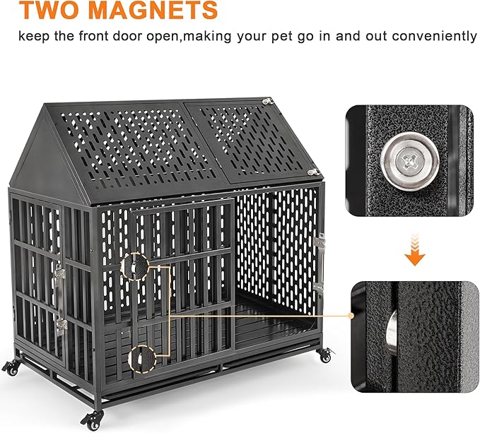 46 Inch Heavy Duty Dog Crate with Self-Locking Latch for High Anxiety Dogs, Indestructible Large Kennel Indoor with Pointed Roof, Removable Trays and Lockable Wheels, Chew Proof Cage