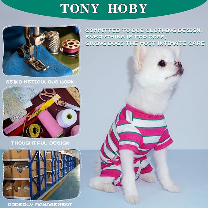TONY HOBY Male Dog Pajamas, Dog Jumpsuit with Rose Red Stripe, Colorful Dogs Shirt for Small Medium Dogs (Rose Red&White, Boy, S)