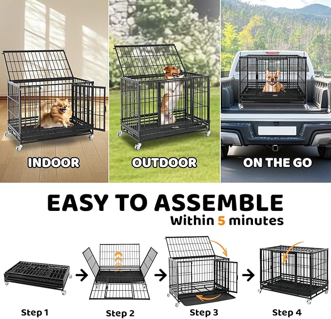 Homey Pet 37 Inch Heavy Duty Dog Crate Indestructible, Collapsible Dog Cage with Lockable Wheels, Removable Tray, High Anxiety Dog Kennel Indoor, Three Tiers Stackable Dog Crates for Medium Dogs