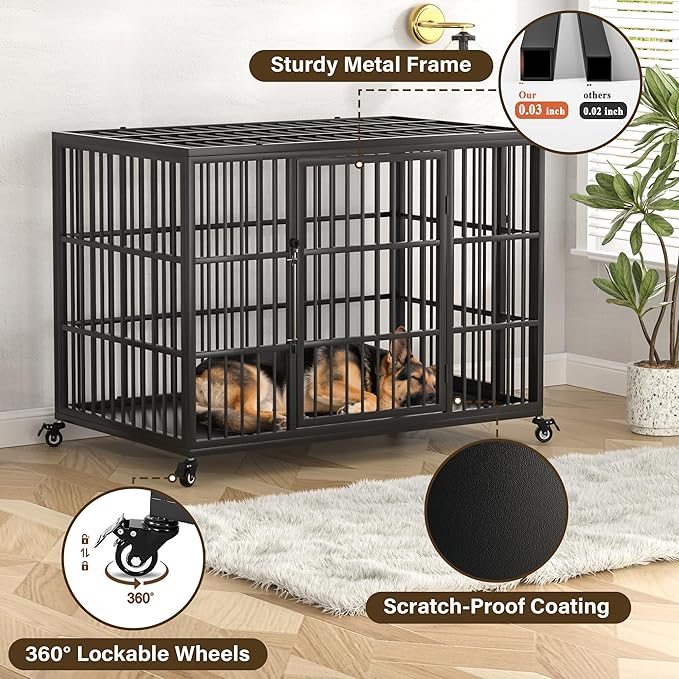 VERIFURTY 48 Inch Heavy Duty Dog Crate for Large Dogs with Self-Locking Latch, Escape-Proof Steel Kennel Indoor, XL Large Double Door Metal Pet Cage with Wheels