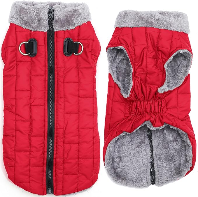 Warm Fleece Dog Coats with Durable Harness Buitl in D-Ring,Waterproof Doggie Jacket for Large Dogs,Dog Vest for Cold Winter,Red XXXL