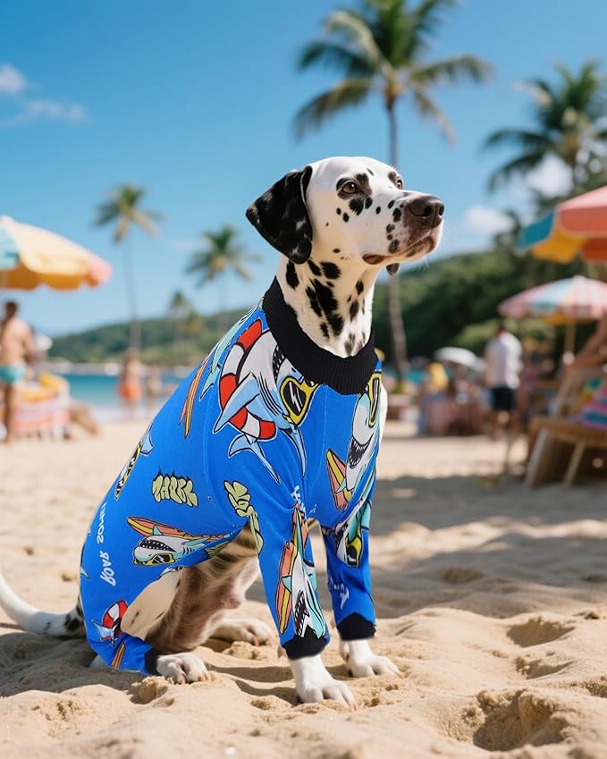 PET SHOW 4 Pack Dog Pajamas Dinosaur Shark for Extra Large Dogs Boy Soft Stretchy PJs Plaid Jumpsuit Dog Paw Onesies Outfits with Sleeve Pets Breathable Summer Clothes Costume XXXL