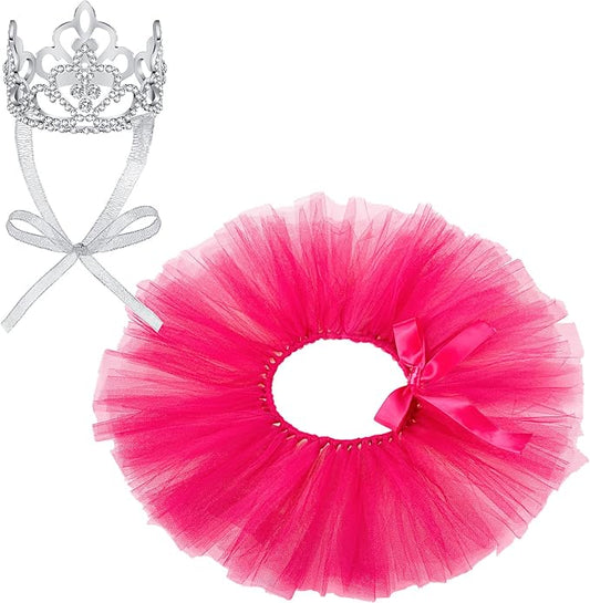 2 Pcs Dog Crown Headband Dog Tutu Dress Set Crystal Rhinestone Tiara Crown Tutu Skirt Pet Dress Costume for Puppy Birthday Party Wedding Photo Prop Costume(Medium,Rose Red)