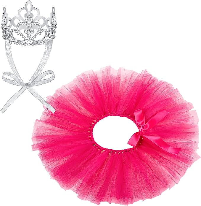 2 Pcs Dog Crown Headband Dog Tutu Dress Set Crystal Rhinestone Tiara Crown Tutu Skirt Pet Dress Costume for Puppy Birthday Party Wedding Photo Prop Costume(Small,Rose Red)