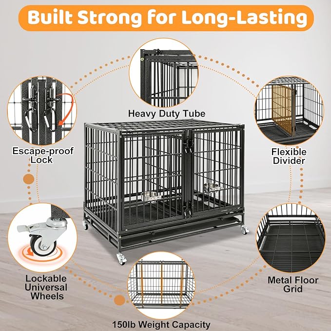 Homey Pet 43 Inch 2 Tiers Dog Crate Cage Kennel with Divider, Stackable Heavy Duty Dog Crate for Large Dogs, Escape Proof Indestructible Dog Kennel Indoor with Removable Tray, Lockable Wheels(6 Packs)
