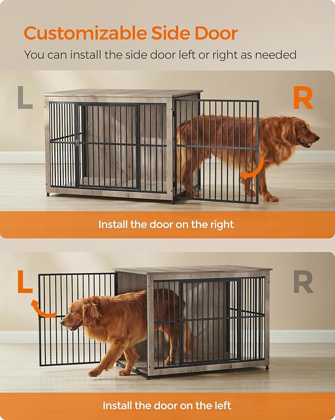 Feandrea Dog Crate Furniture, 43.3" Side End Table, Modern Kennel for Dogs Indoor up to 80 lb, Heavy-Duty Dog Cage with Enclosed Base, Double-Door Dog House, Greige UPFC024G01