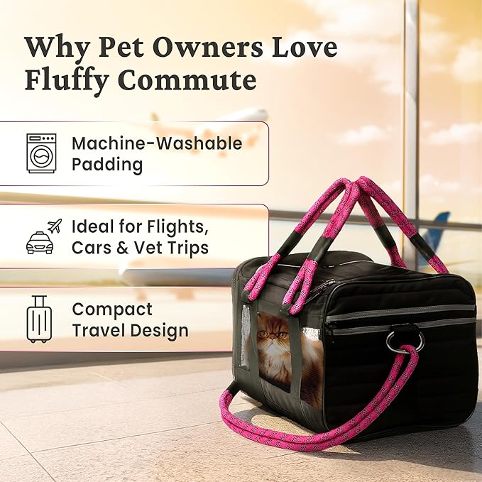 | TSA Airline Approved |Soft Sided Pet Carrier | Cat Carrier | Dog Carrier| Pets Up to 15 lbs | Leash & Luggage Strap | Black with Pink Handle