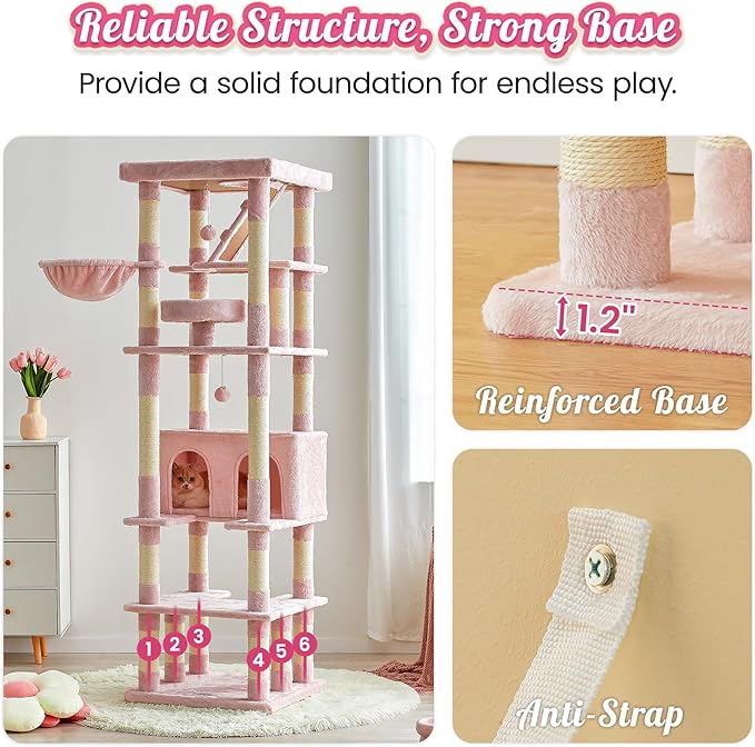 MWPO 74.8 Inches Pink Extra Large Cat Tree, Tall Cat Tower for Indoor Cats with Large Cat Condo, Wide Top Perch, Hammock, Sisal-Covered Scratching Posts, Toys for Kittens & Cats