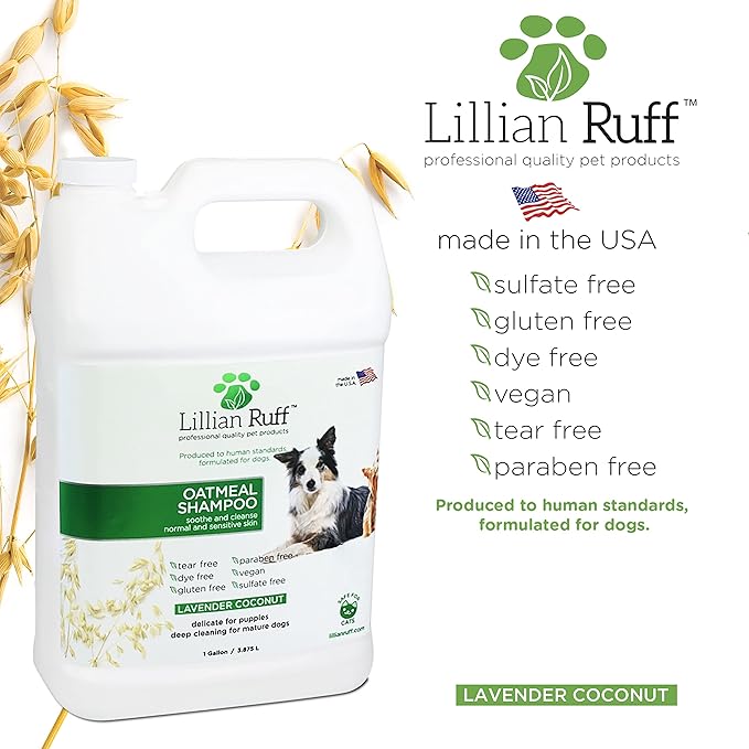 Lillian Ruff PRO Formula Deodorizing Oatmeal Dog Shampoo - Calms Itching & Allergies, Ultra-Nourishing Dry Skin Relief - Oatmeal, Aloe, Coconut Oil, Lavender & Provitamin B5 - Made in USA (Gallon)